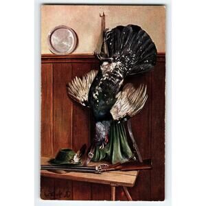 Signed Muller Artist Postcard Hunting Scene with Black Grouse & Rifle